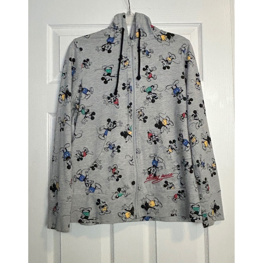 Disney‎ Parks Mickey Mouse Hoodie Womens L Gray Full Zip All Over Print